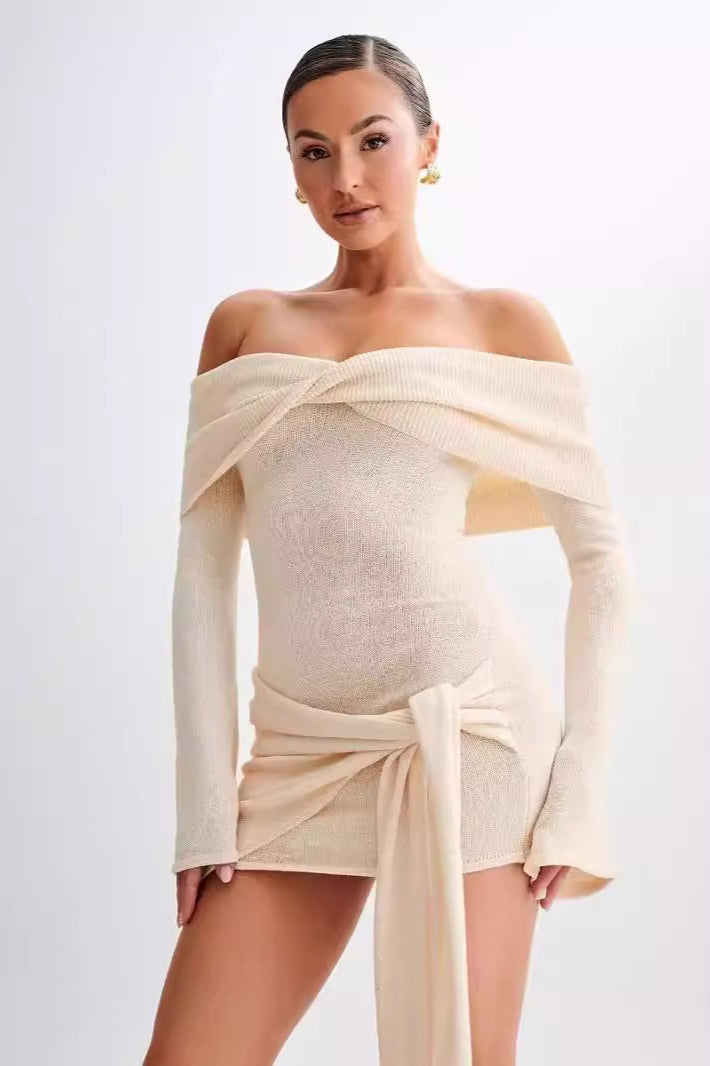 Sheer Edition Spaghetti Strap OffShoulder Fitted Knit Maxi Sweater Dress