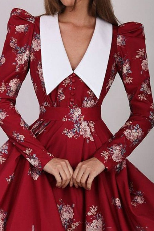 Flared Classic Print Slim Waist Floral Maxi Dress