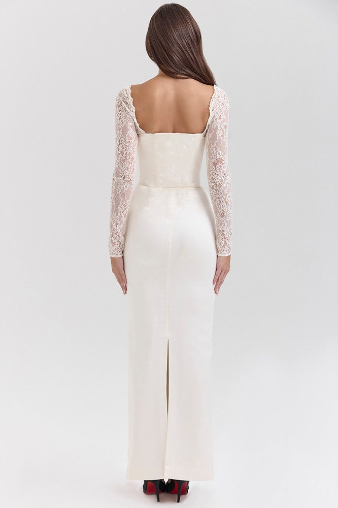 Extended Sleeve Lace Satin Maxi Dress