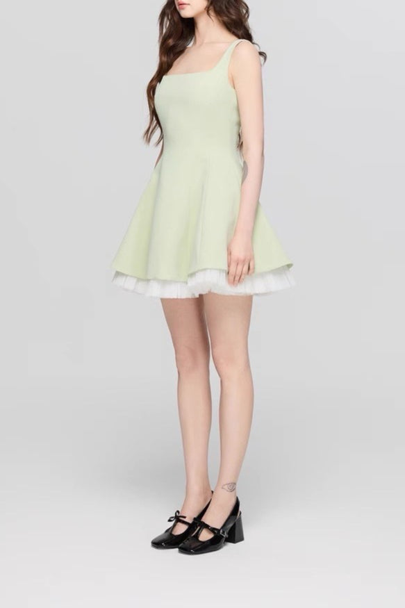 Neck Square Mesh Panel Mini Dress