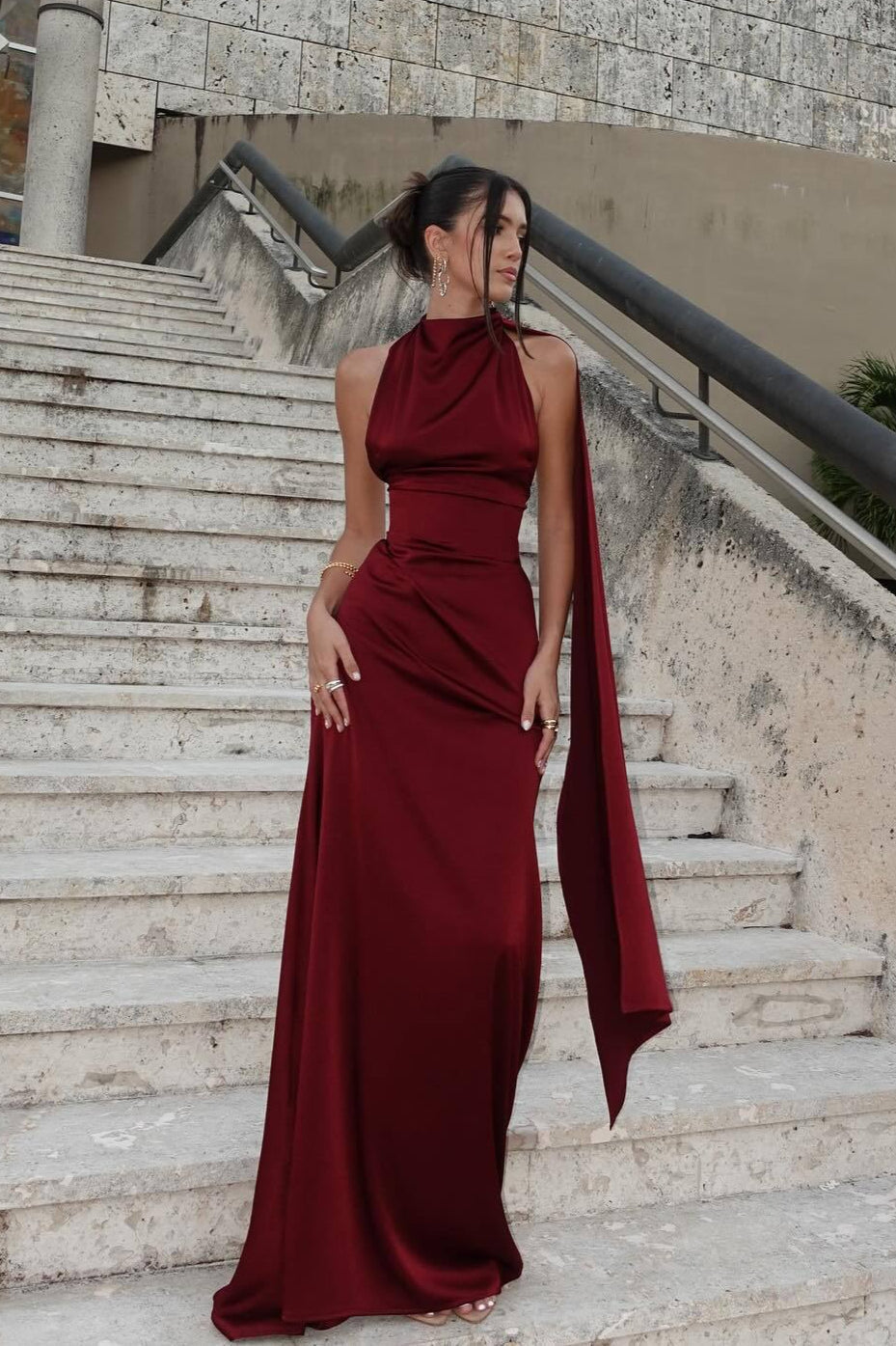 Halter Satin Graceful Solid Color Prom Dress