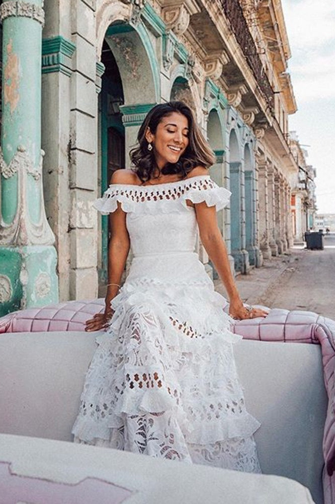 Ruffled Edition Cutout Off Shoulder Flare Lace Maxi Boho Dress