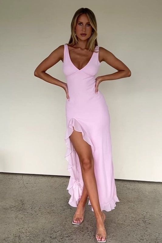 Neck V Ruffled Slit Cami Midi Dress