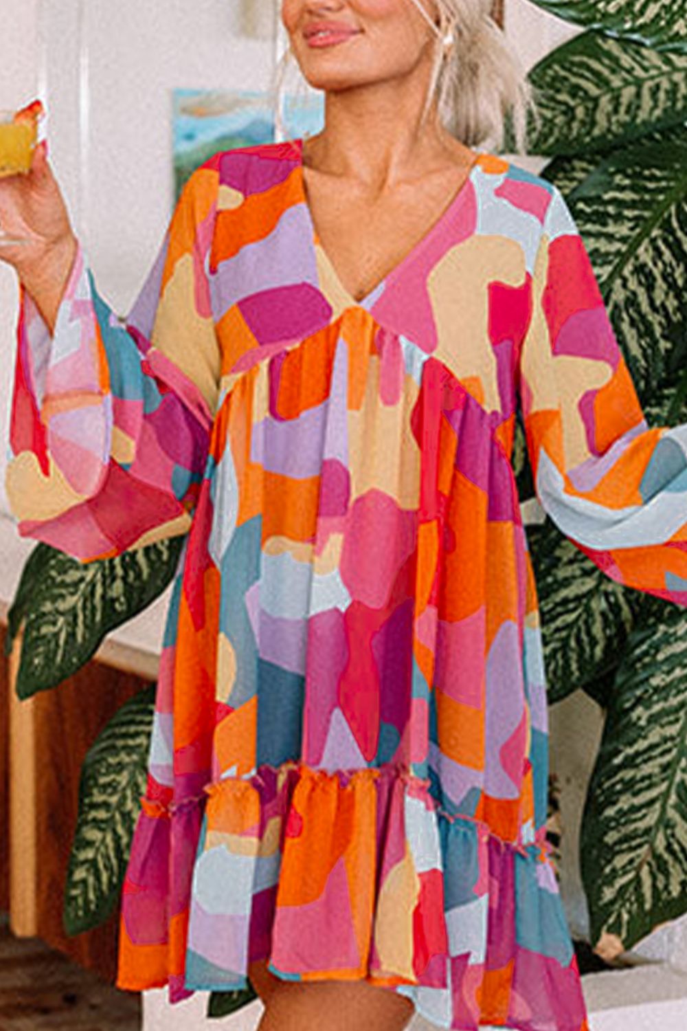 Effortless Laura Long Sleeve Mini Dress with Ruffle Hem and Color Block V Neck Statement Occasion Edit
