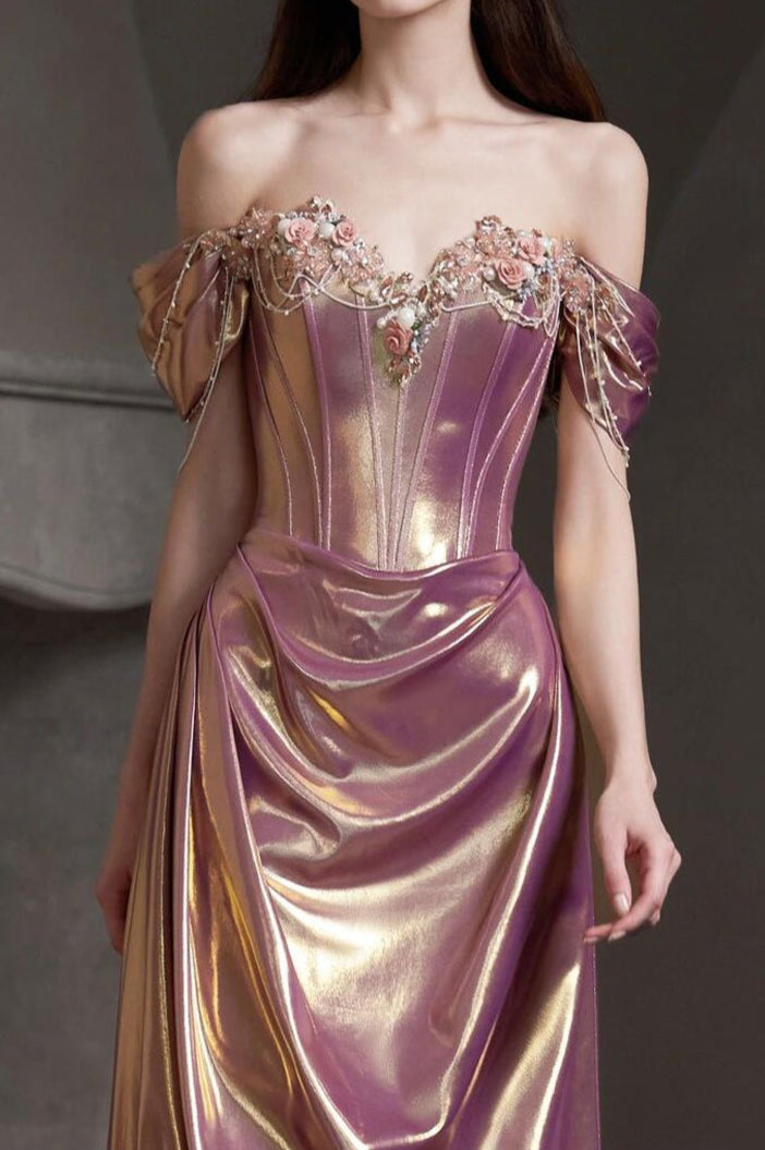 Off Shoulder Ruched Satin Graceful Prom Dress