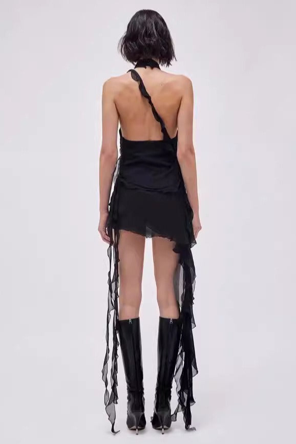 Rose Asymmetric Halter Mini Dress