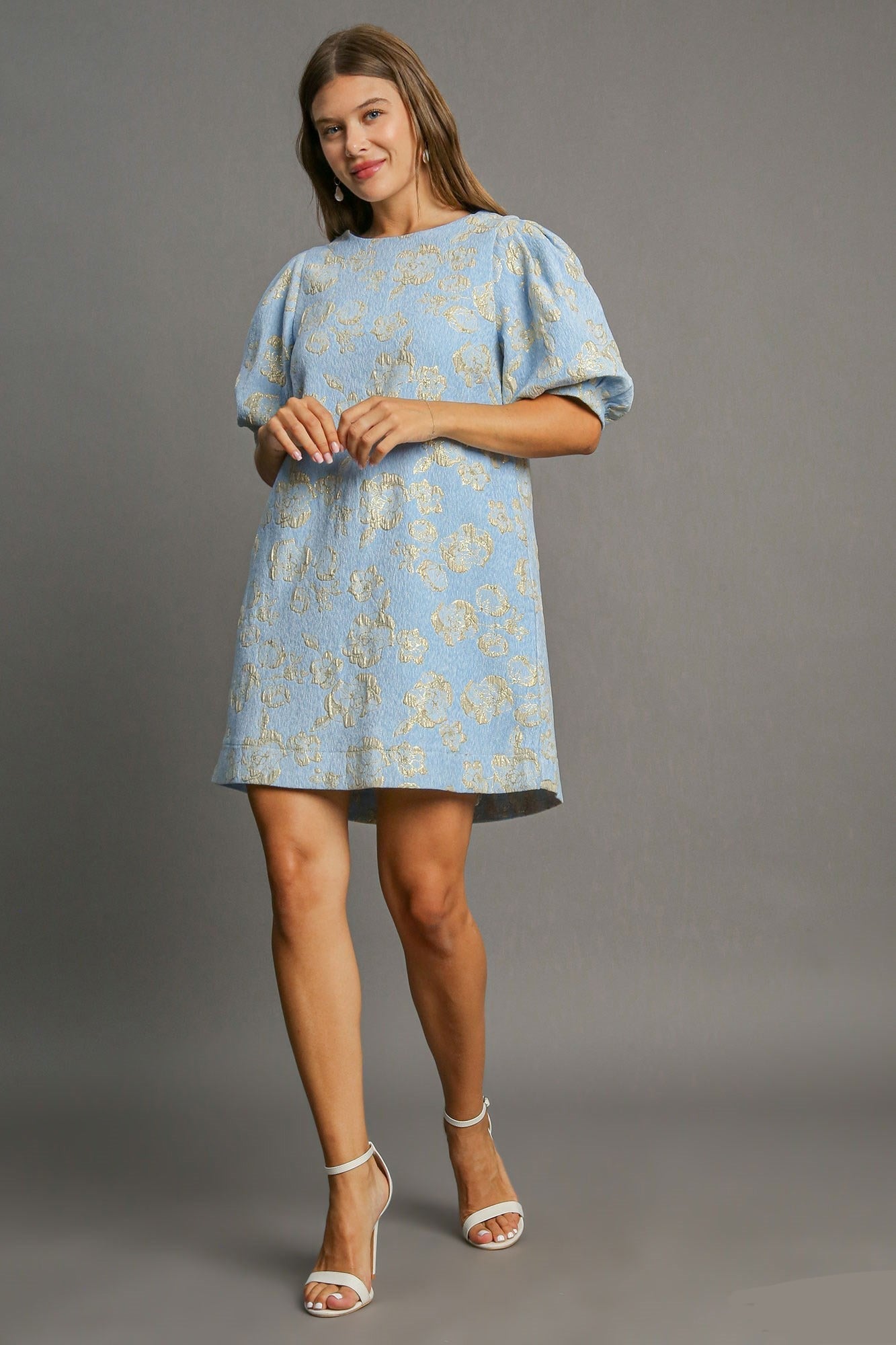 Eva Timeless Flower Jacquard Mini Dress with Puff Sleeves Premium Wardrobe Essential