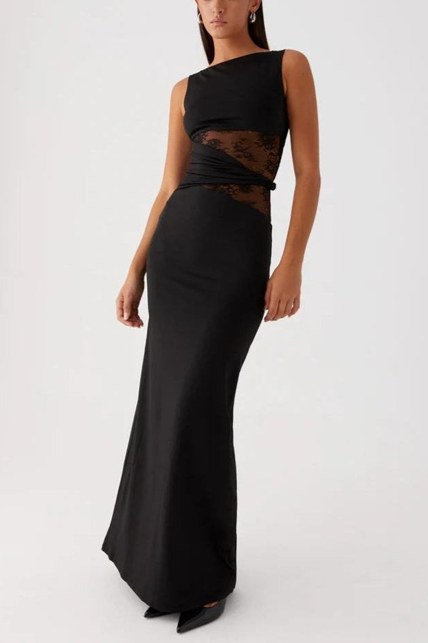 Shaped Sheer Lace Paneled Maxi Lace Dress