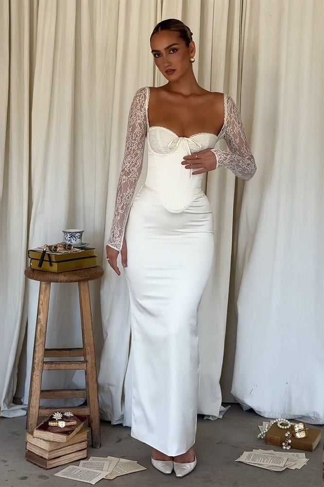 Extended Sleeve Lace Satin Maxi Dress
