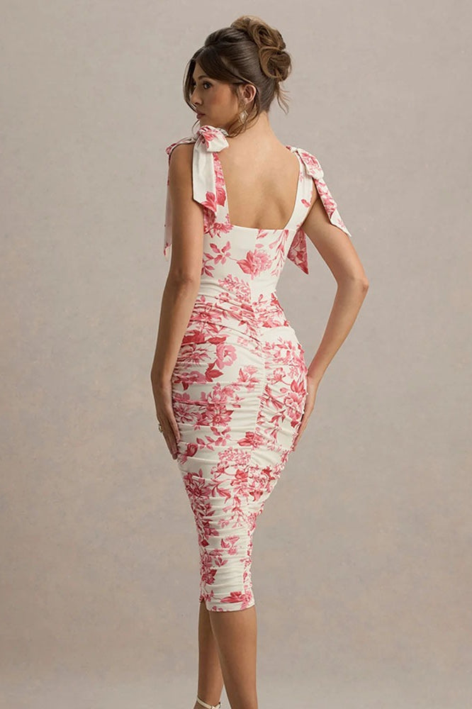 Classic Print Ruched Midi Dress