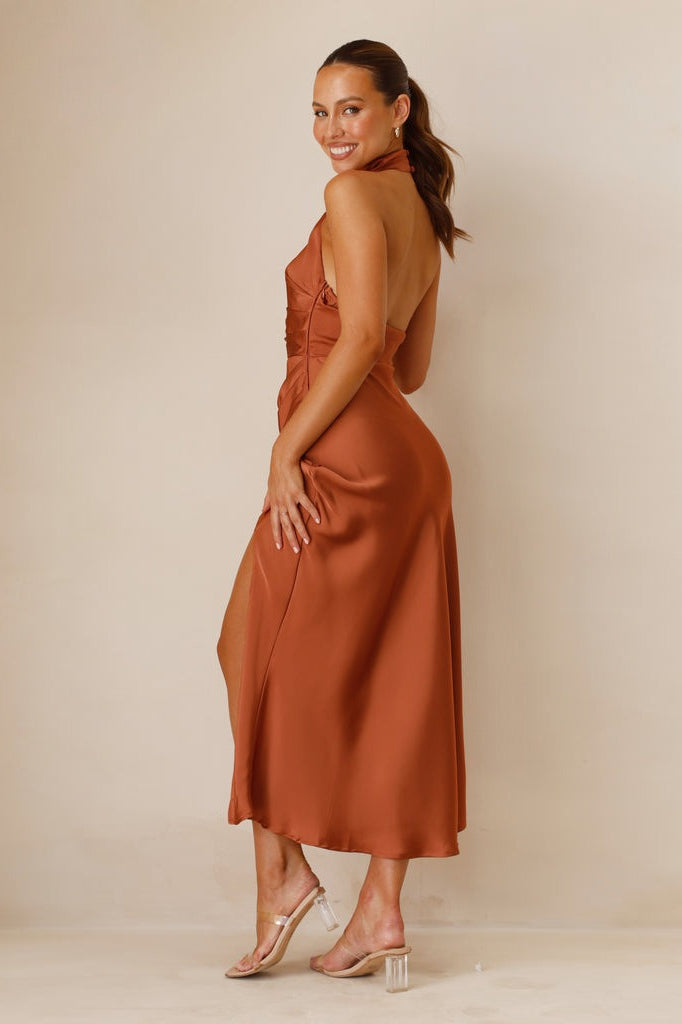 Halter Fitted Solid Color Slit Sleeveless Maxi Cocktail Dress