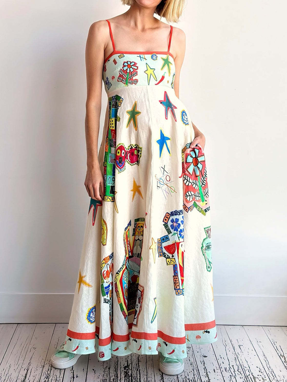Graffiti Unique Print Suspenders Long Swing Midi Dress