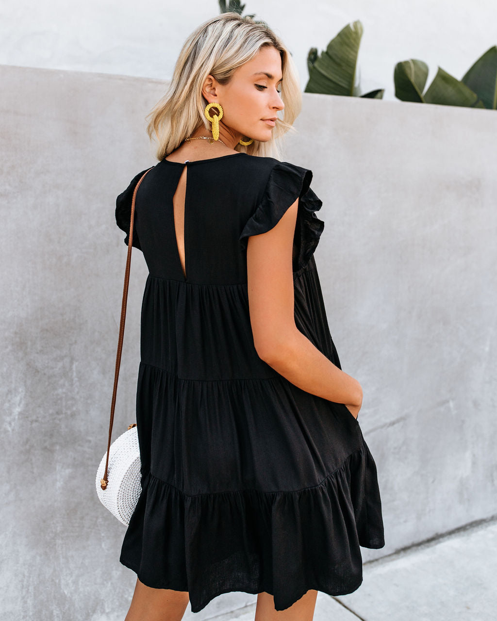 Coast East Pocketed Tiered Babydoll Dress Black