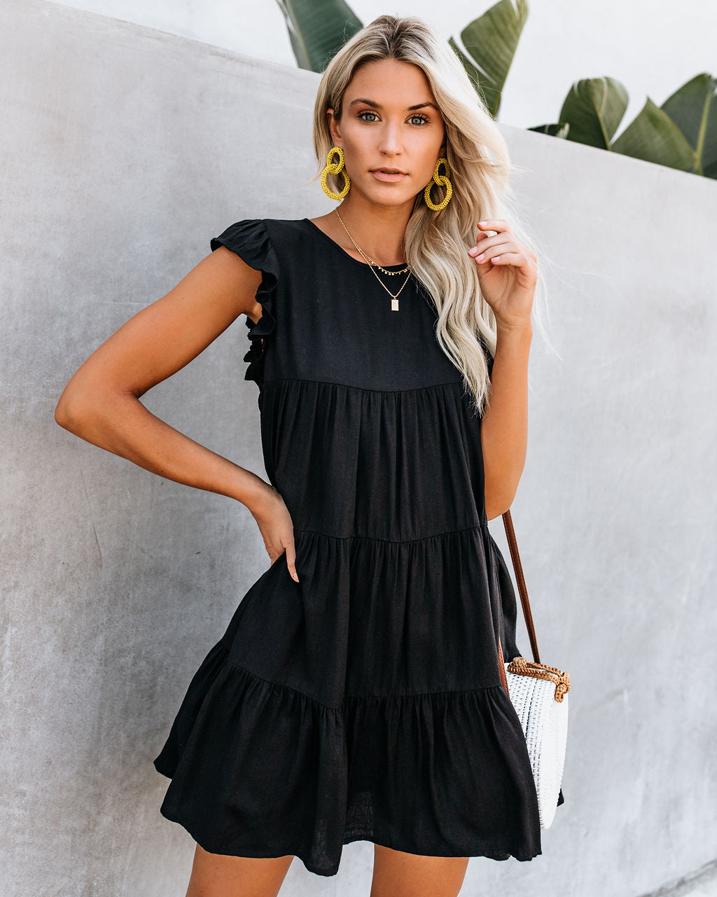Coast East Pocketed Tiered Babydoll Dress Black