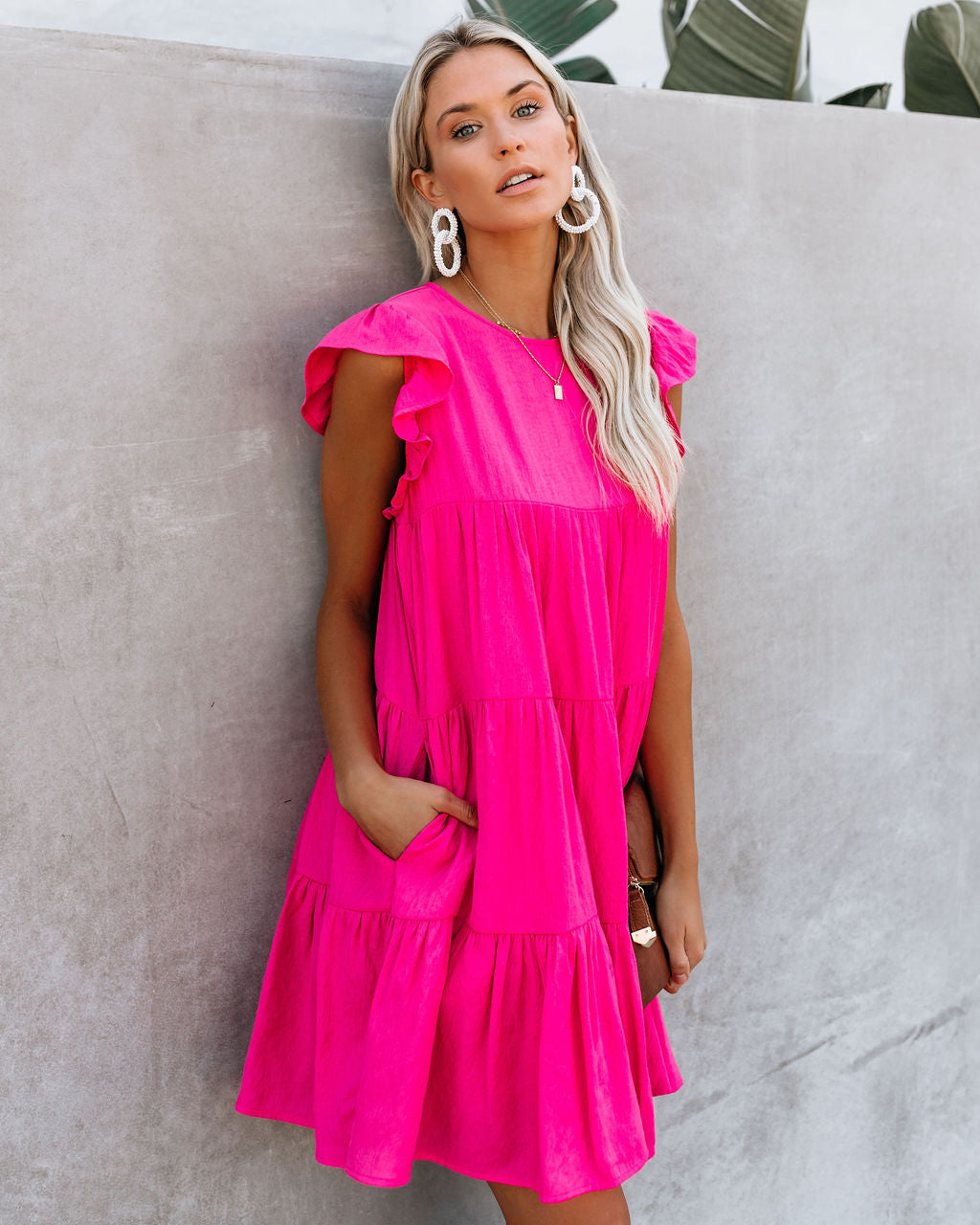 Coast East Pocketed Tiered Babydoll Dress Fuchsia