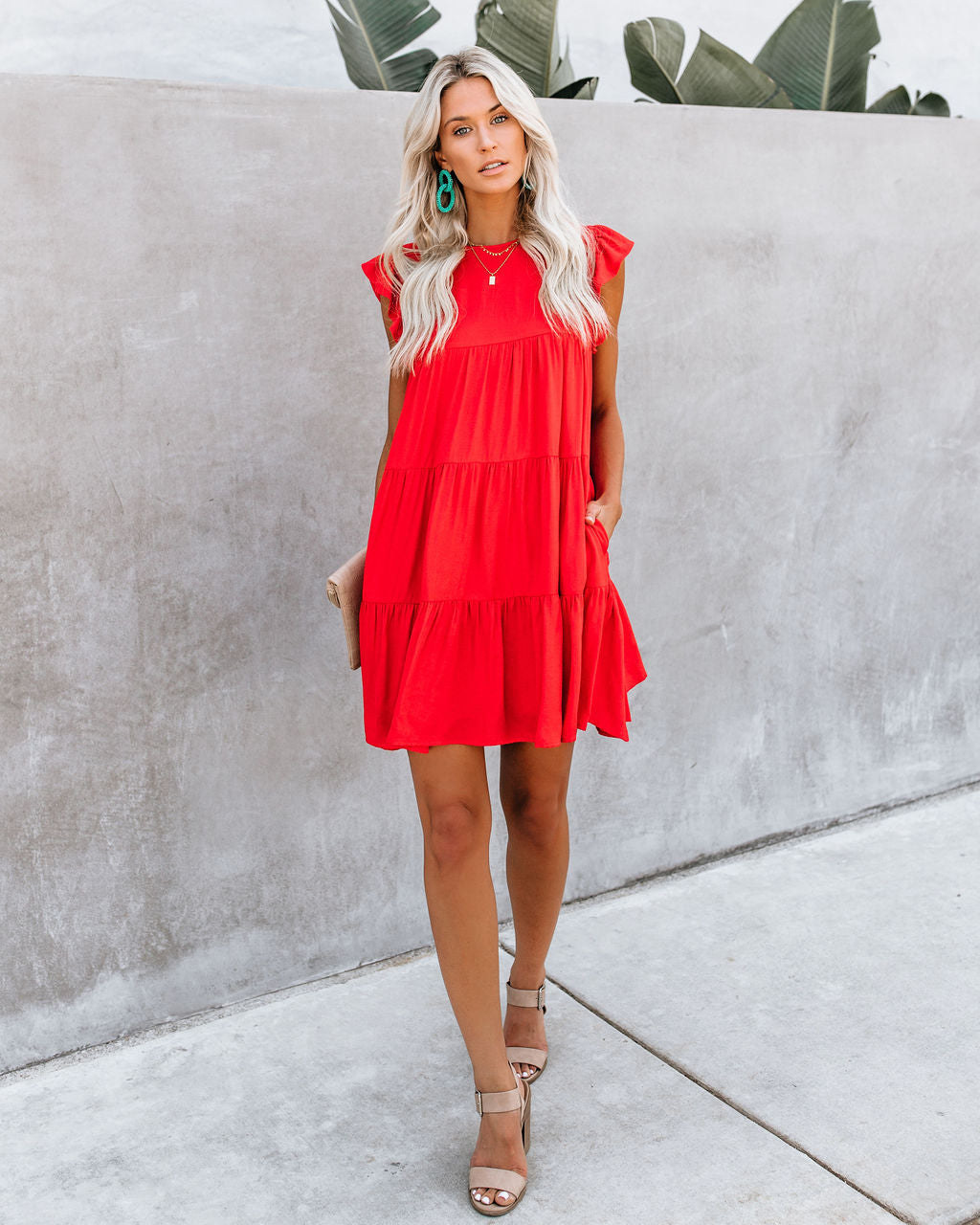 Coast East Pocketed Tiered Babydoll Dress Red