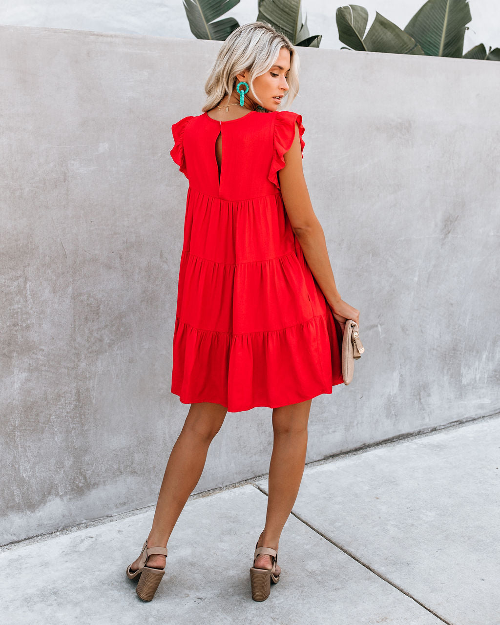 Coast East Pocketed Tiered Babydoll Dress Red
