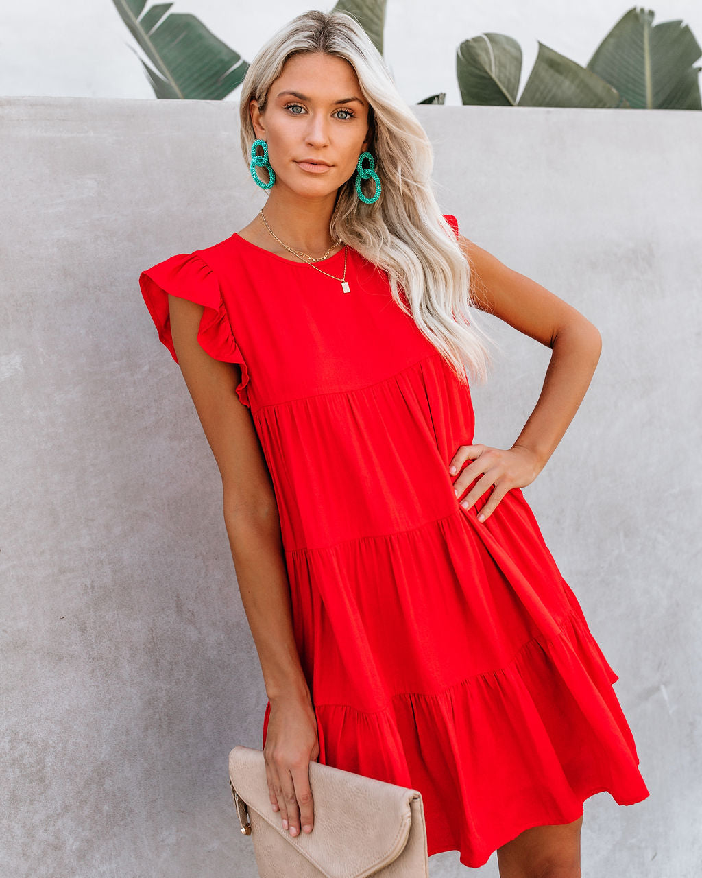 Coast East Pocketed Tiered Babydoll Dress Red