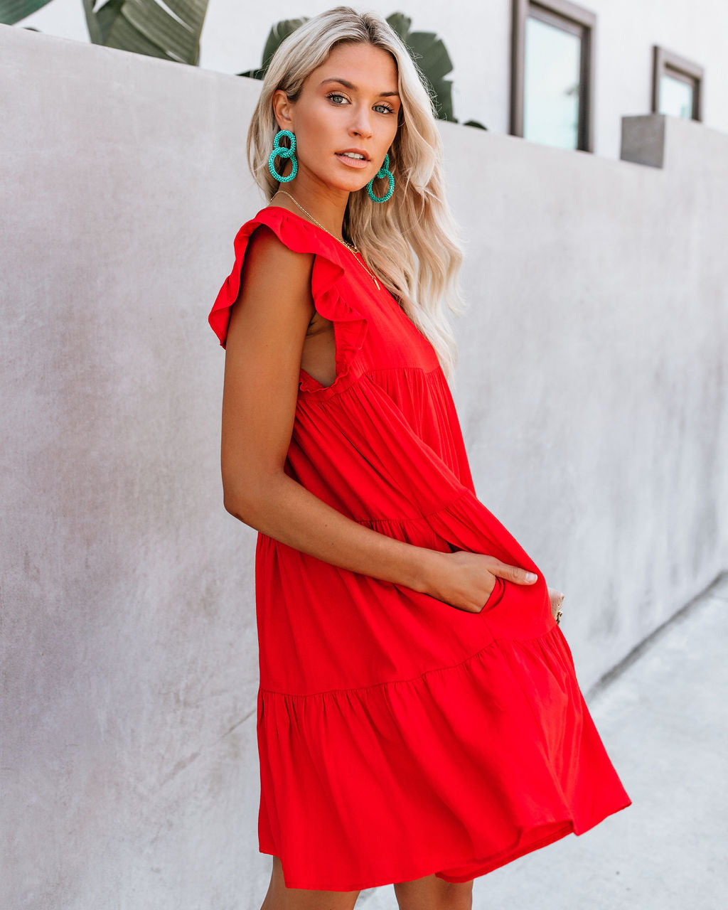Coast East Pocketed Tiered Babydoll Dress Red