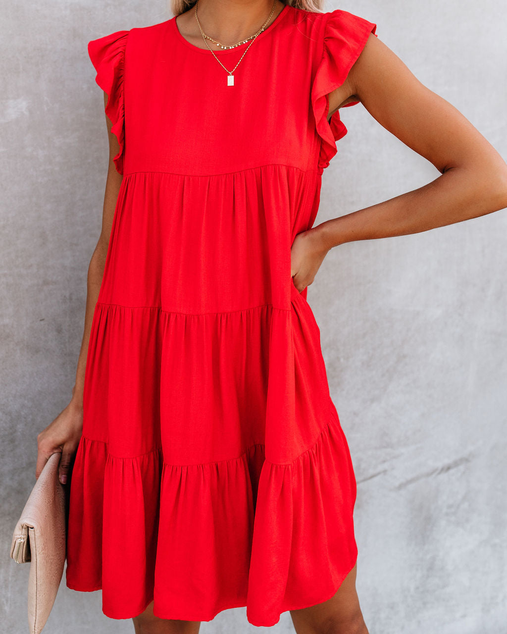 Coast East Pocketed Tiered Babydoll Dress Red