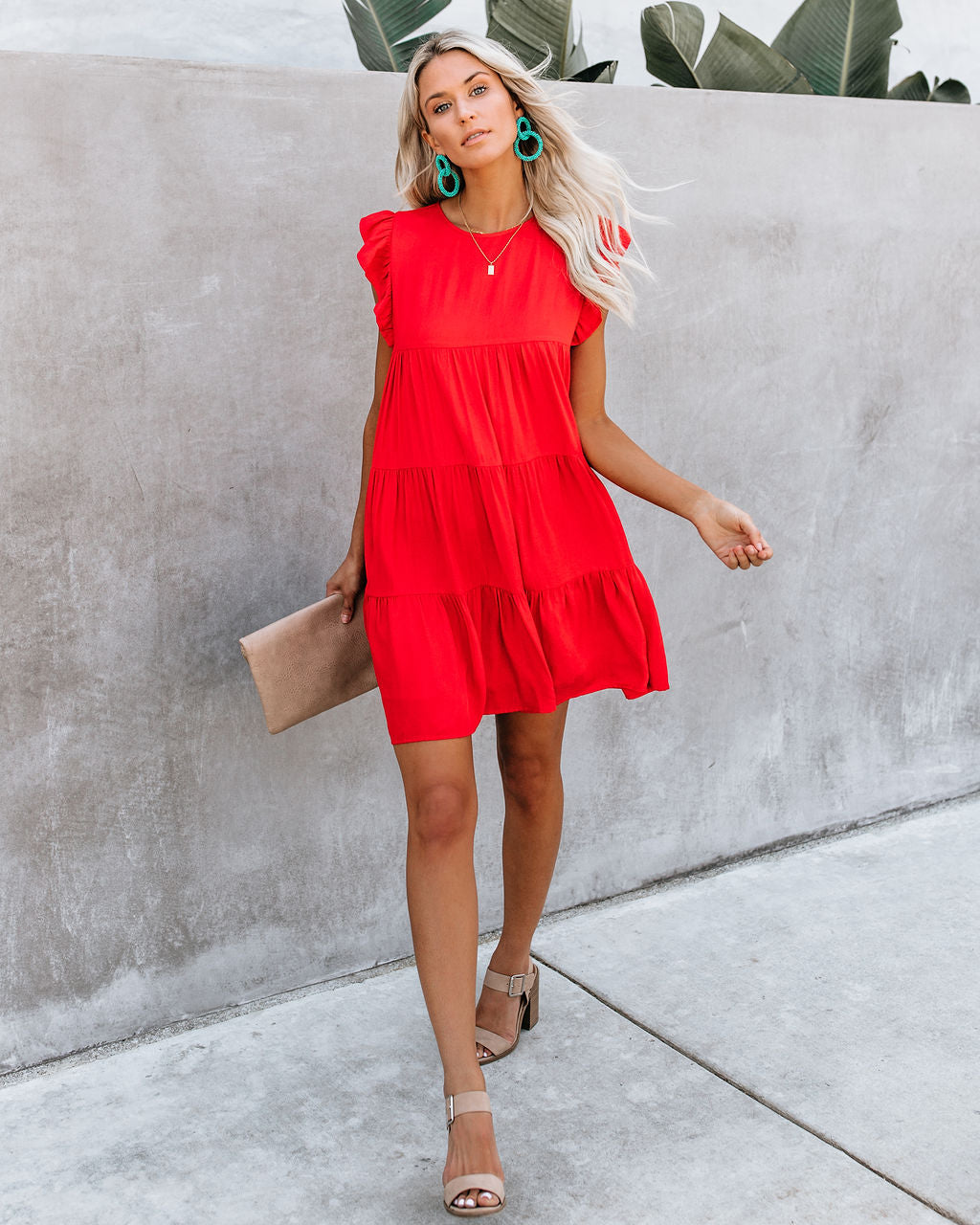 Coast East Pocketed Tiered Babydoll Dress Red