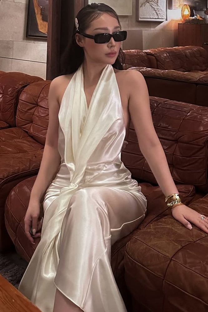 Graceful Draped Neck Backless Slit Long Prom Dress