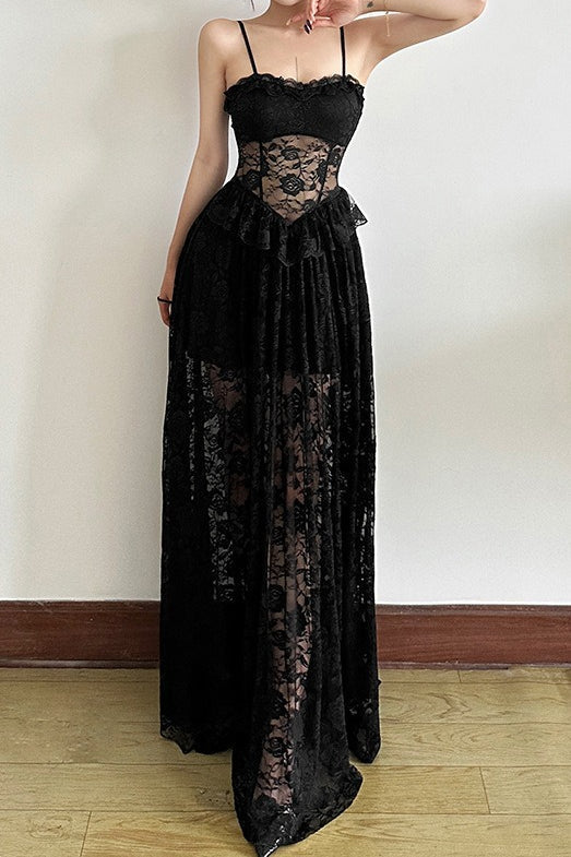 Sleeveless Edition Ruffled Waist Maxi Lace Dress