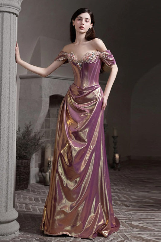 Off Shoulder Ruched Satin Graceful Prom Dress