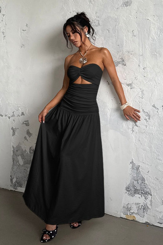 Alluring Hollow Strapless Maxi Vacation Dress