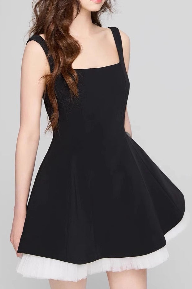 Neck Square Mesh Panel Mini Dress