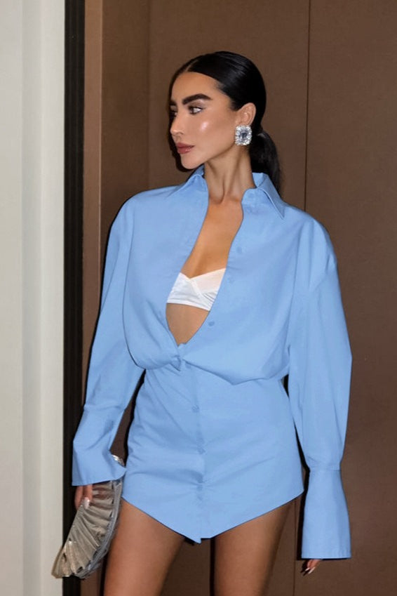 Collared Blue Shirt Sleeve Mini Dress