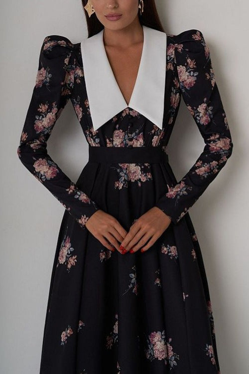 Flared Classic Print Slim Waist Floral Maxi Dress