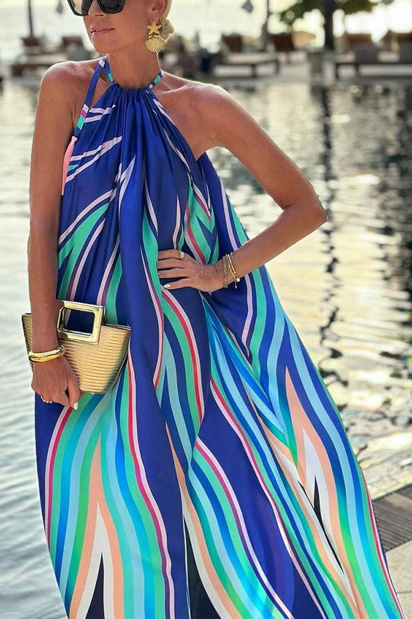 Ramona Chic Phuket Dinner Colorful Halterneck Maxi Dress with Wave Pattern and Tassels Boutique Edit