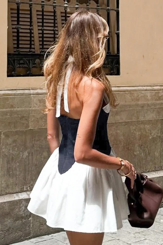 Halter Colorblock Tie Mini Dress