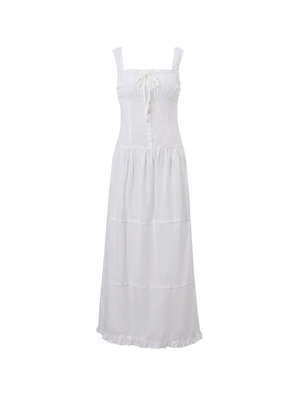 French White Pleated Layered Slim Midi Dress with Lace Up