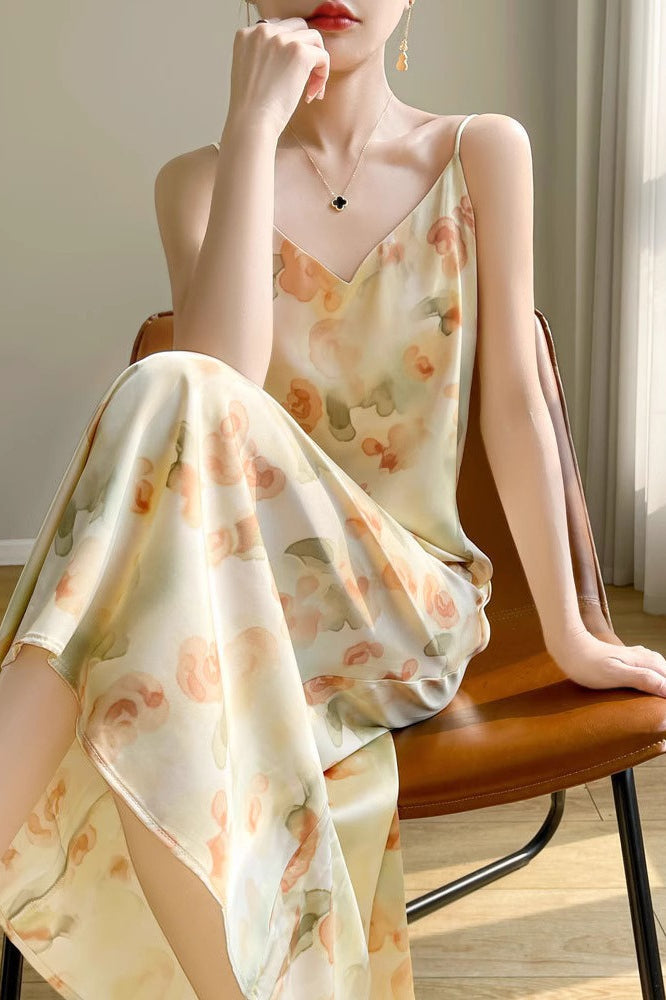 Printed Edition VNeck Satin Cami Maxi Silk Dress