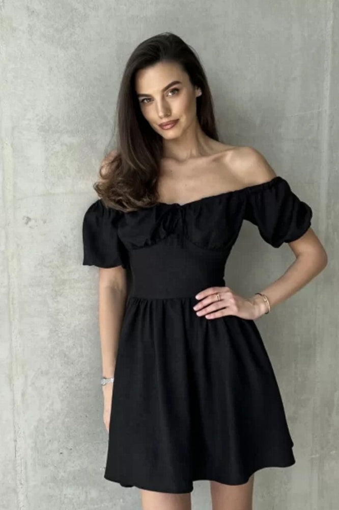 Shoulder Off Tie Waist Mini Dress
