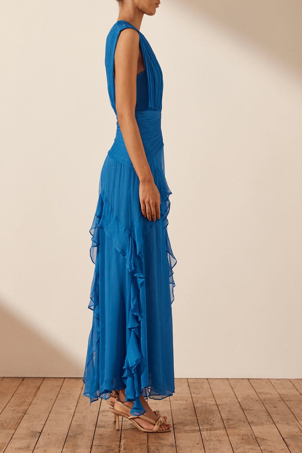 Reina Exclusive Pleated Round Neck Maxi Dress with Ruffles Boutique Edit
