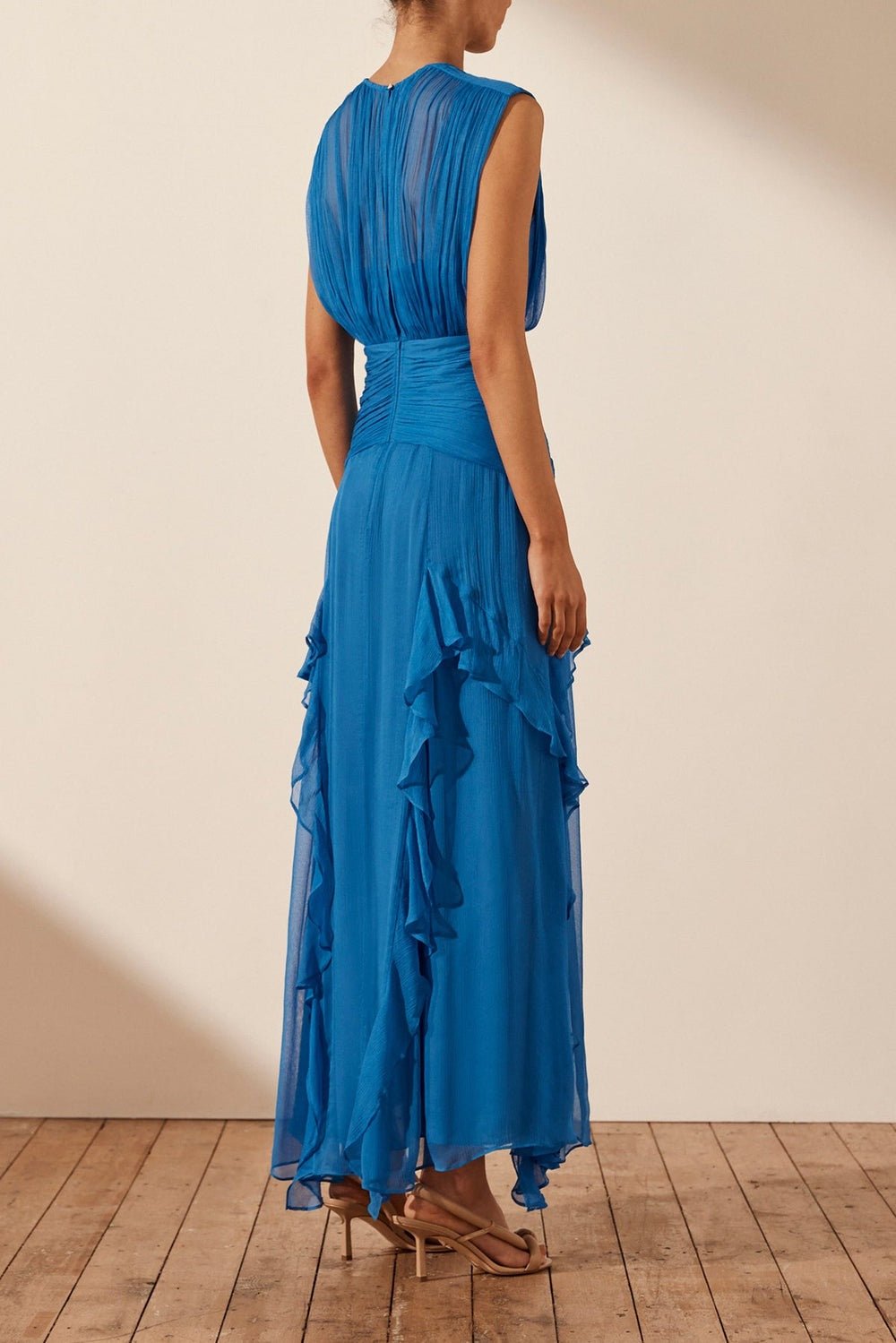 Reina Exclusive Pleated Round Neck Maxi Dress with Ruffles Boutique Edit