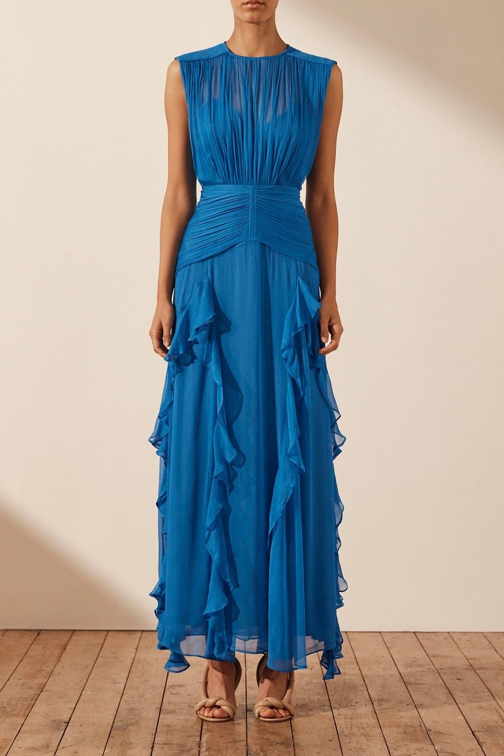 Reina Exclusive Pleated Round Neck Maxi Dress with Ruffles Boutique Edit