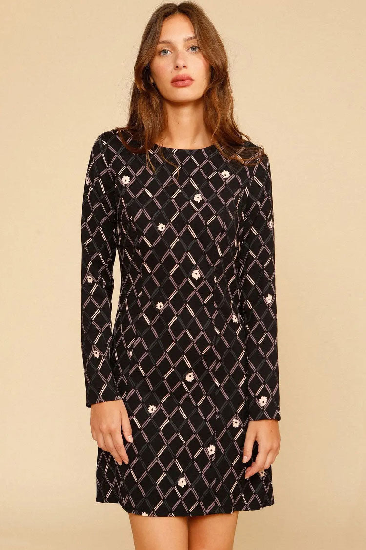 Refined Argyle Floral Print French Long Sleeve Mini Dress - Black