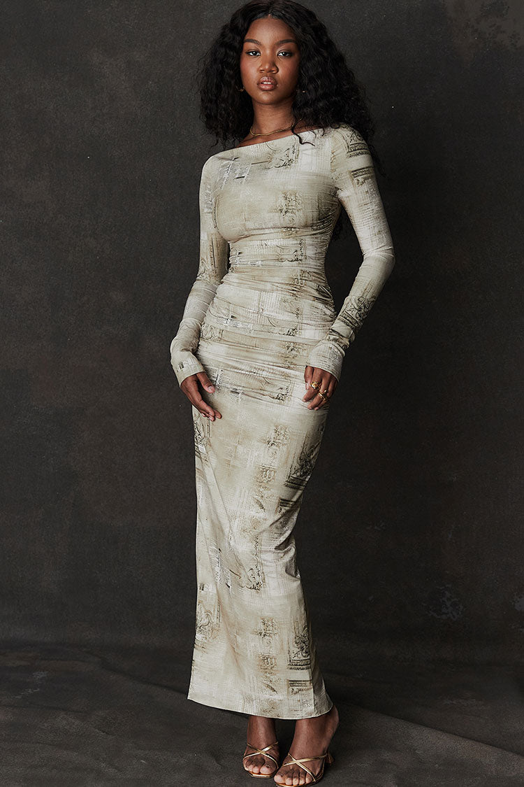 Chic Boat Neck Long Sleeve Ruched Fit Printed Evening Maxi Dress - Sage Green
