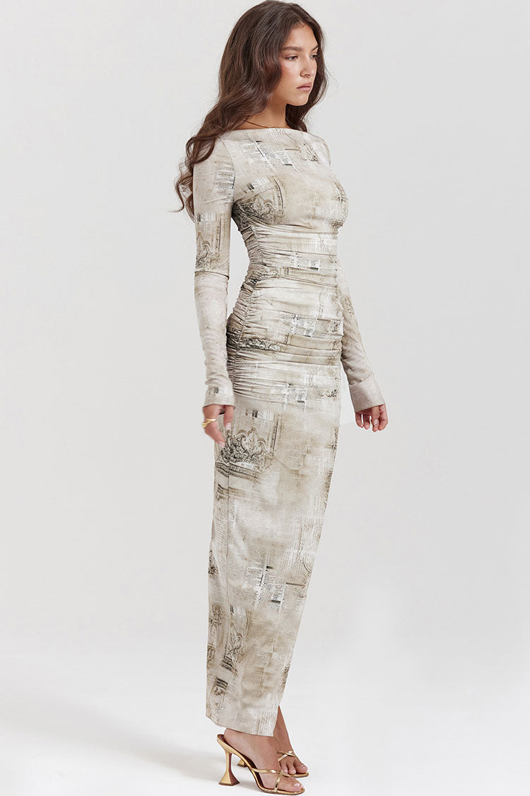 Chic Boat Neck Long Sleeve Ruched Fit Printed Evening Maxi Dress - Sage Green