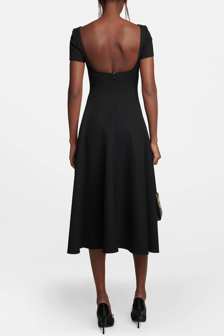 Graceful Boat Neck Short Sleeve U Back Cocktail Party Midi Dress - Black