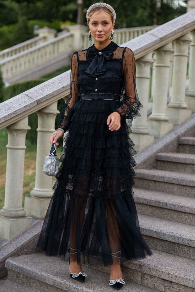 Refined Bow Tie Collared Glitter Dotted Tulle Tiered Ruffle Gown Dress - Black