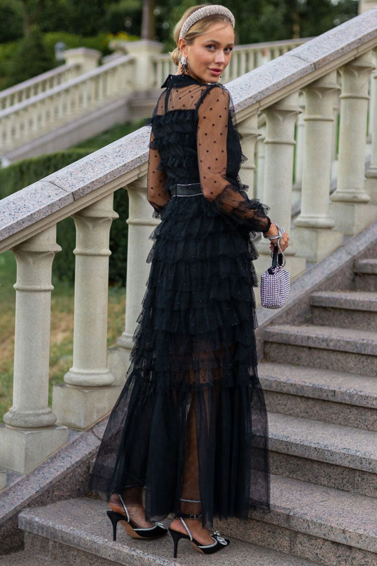 Refined Bow Tie Collared Glitter Dotted Tulle Tiered Ruffle Gown Dress - Black
