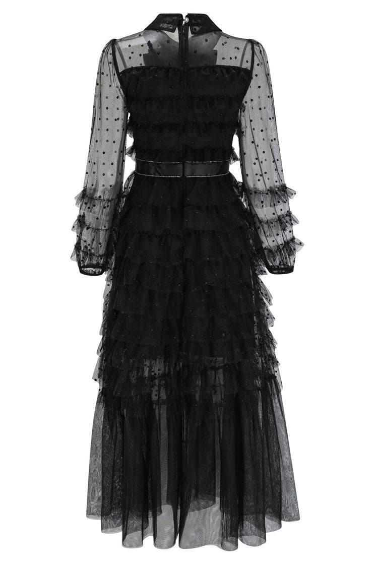 Refined Bow Tie Collared Glitter Dotted Tulle Tiered Ruffle Gown Dress - Black