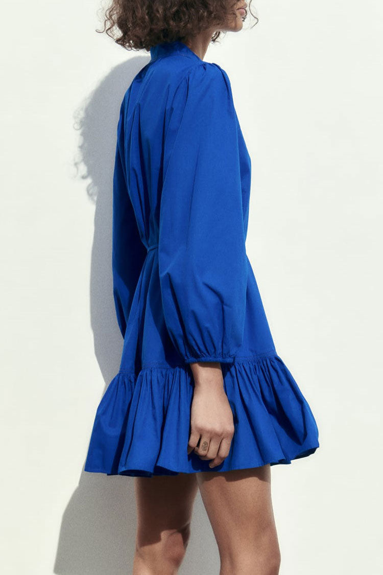 Sophisticated Button Down Bishop Sleeve A line Ruffle Shirt Mini Dress - Royal Blue