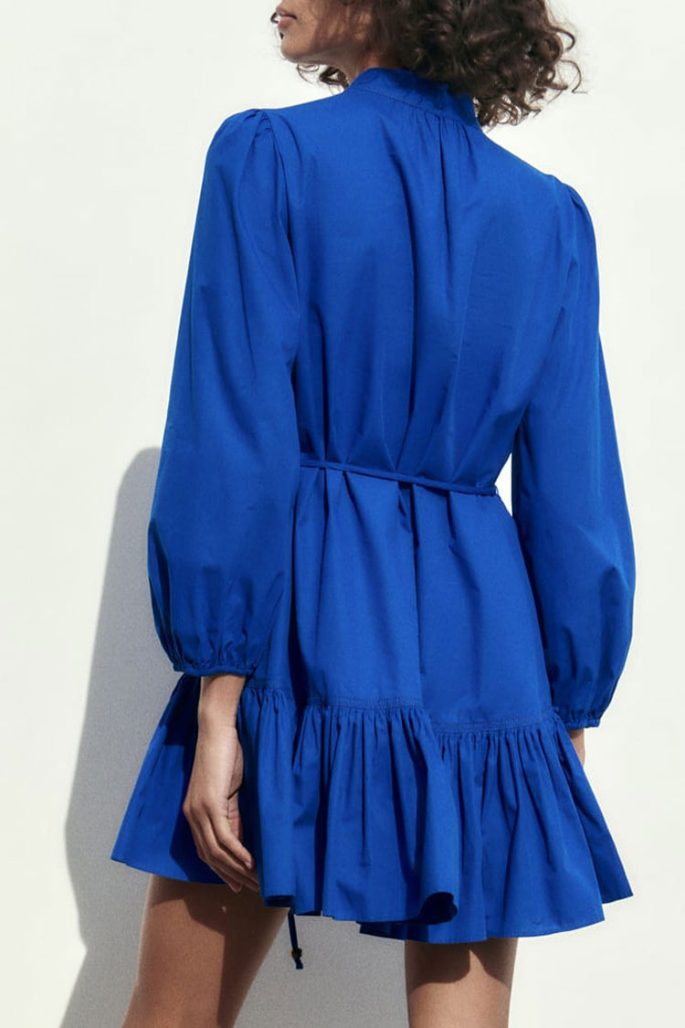 Sophisticated Button Down Bishop Sleeve A line Ruffle Shirt Mini Dress - Royal Blue