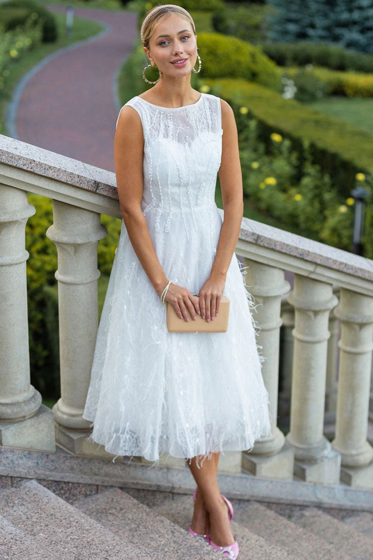 Graceful Crew Neck Sleeveless Beaded Feather Cocktail Party Midi Dress - White
